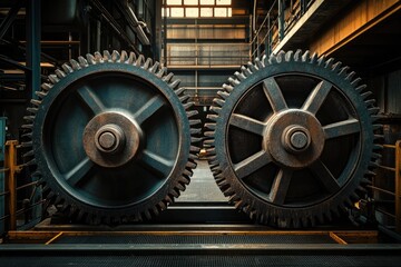 Two large, rusty industrial gears interlock in a factory setting, showcasing intricate details and aged machinery.