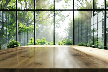 High Resolution Image of Modern Conference Room with Large Windows and Wooden Table