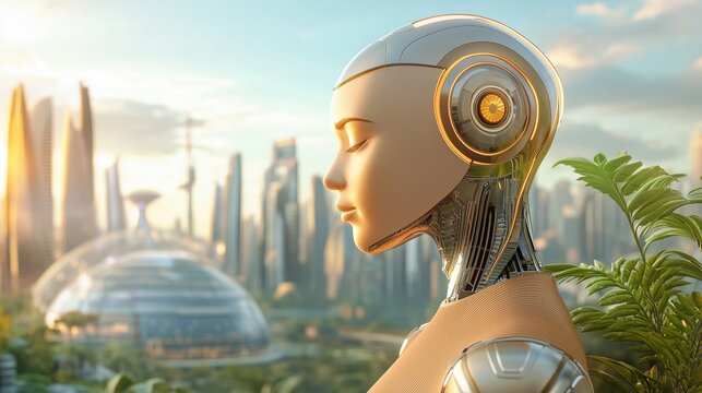 Futuristic Female Humanoid Robot in Profile Overlooking Smart City