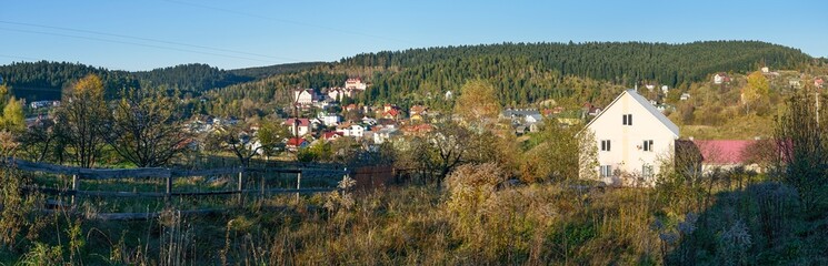 View from Promyslova street towards north-west hills, Skhidnytsia, Western Ukraine.