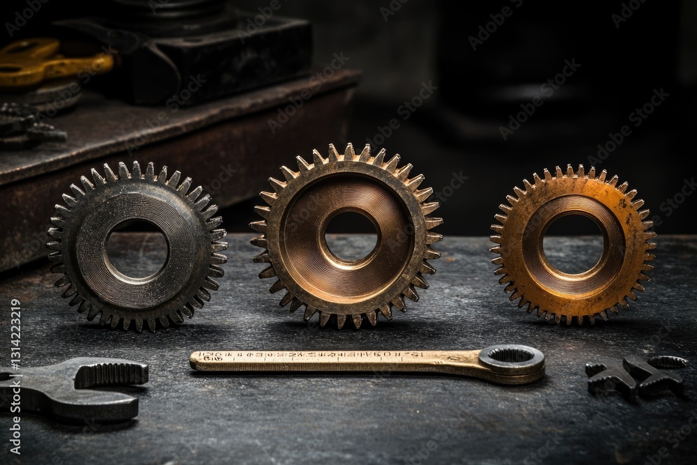 Poster three metallic gears of different sizes and colors, lying on a dark surface with tools.