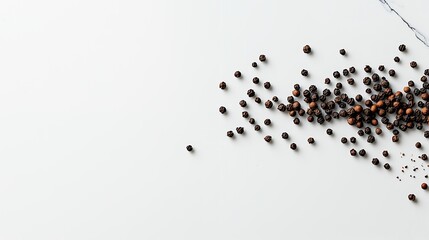 Scattered Black Peppercorns on White Background Culinary Spice Food