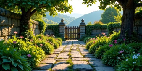 Obraz premium Serene Garden Pathway Leading to Wooden Gate with Stone Walls and Lush Blooming Flowers