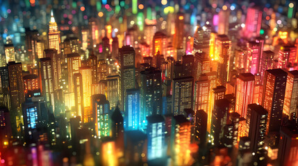 Vibrant Night Cityscape with Glowing Lights and Colorful Buildings