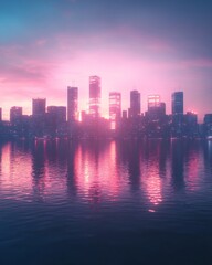 Fototapeta premium glowing neon city skyline reflected on water in cyberpunk style