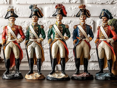 Collection of Decorative Napoleonic Era Soldier Figurines in Colorful Military Uniforms on Wooden Surface