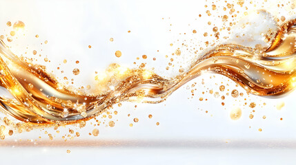 Golden wave flowing across a white backdrop with sparkling particles