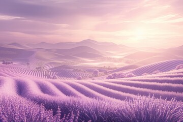 Naklejka premium A scenic view of lavender fields on rolling hills at dawn