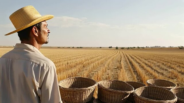 Farmer in Drought-Stricken Field with Empty Baskets Under Sun