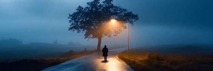 Solitary Figure Walking Path Blue Mist Night Hope Journey