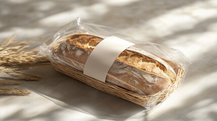Blank mockup of white label on transparent packaging for artisanal bread. Homemade bread in clear package lying on plain white surface