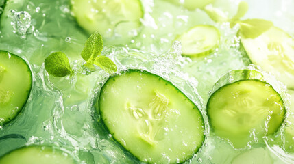 Refreshing splash of cucumber water with fresh mint leaves and ice