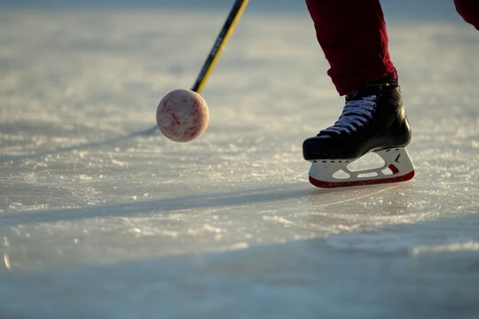 Close-up of a bandy ball on a frozen lake with a player wearing ice skates getting ready for the face-off