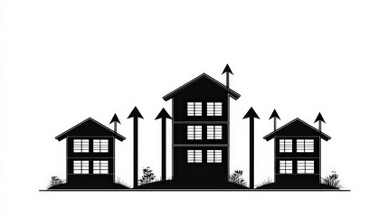 Silhouette of three houses with upward arrows symbolizing growth against a white background
