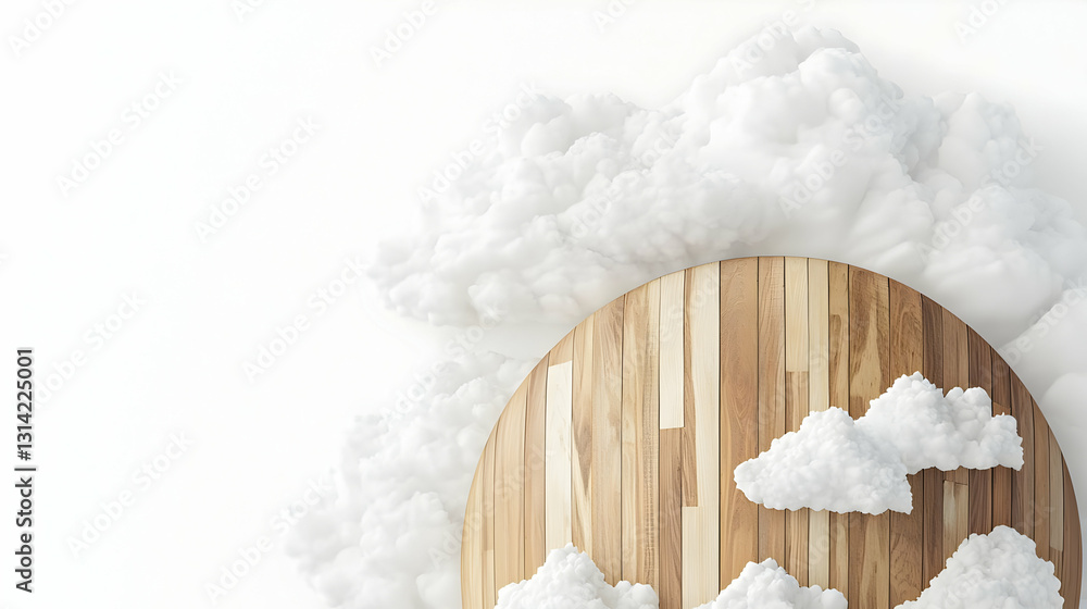 Poster 3d render of a wooden circle with fluffy white clouds on a clean white background for abstract and m