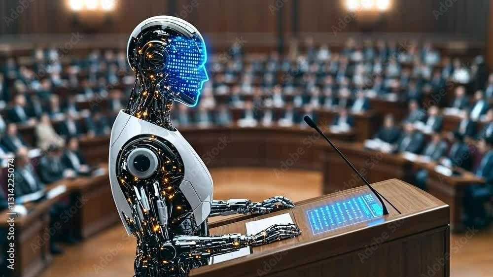 Poster robotic figure presenting to assembly on artificial intelligence advancements in 4k animation