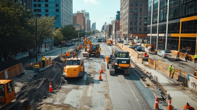 Urban street construction site with heavy machinery