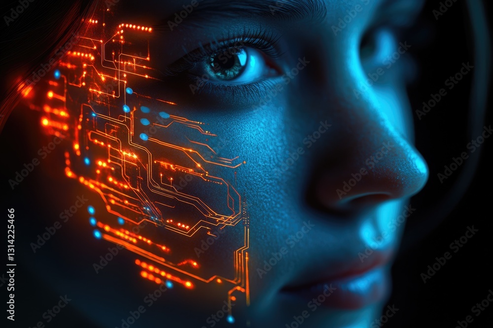 Poster a close-up of a woman's face with glowing circuit board patterns overlaid, creating a futuristic, te