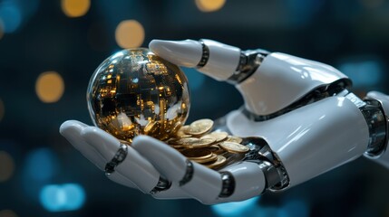 Robotic Hand Holding Global Finance: A Futuristic Vision of Automated Investment and Digital Currency