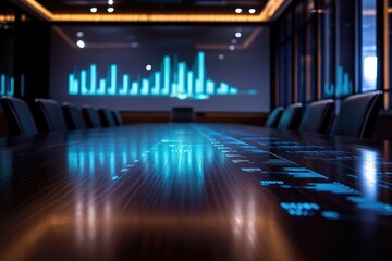 Modern boardroom with interactive table displaying financial data projected on the screen.