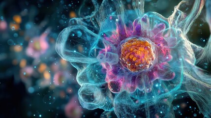 A vibrant close-up of a cell structure, showcasing intricate details, with a delicate flower blooming at its center, surrounded by colorful cellular components and textures.