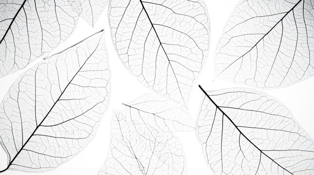 Delicate transparent leaf skeletons on white background highlighting intricate vein patterns