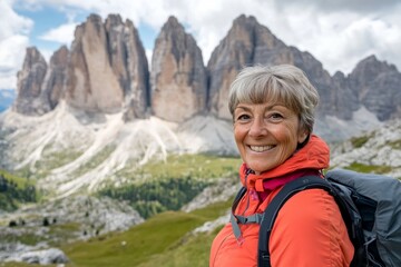Naklejka premium Smiling woman hiking in the mountains with a backpack