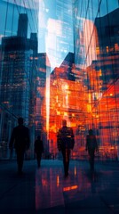 Silhouettes of people walking in the street near skyscrapers and modern office buildings in Paris business district. Multiple exposure image. Economy