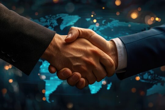 Two businessmen shake hands against a world map background, symbolizing global business partnership and collaboration.