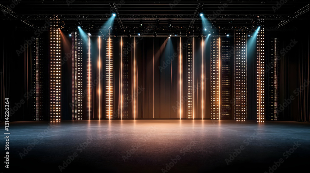Poster dramatic empty stage illuminated by golden spotlights with dark background and orange beams in theat