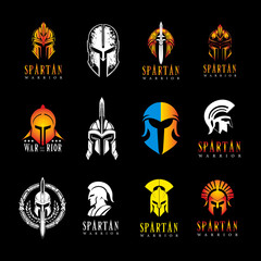 Spartan Warrior Logo Collection, Ancient Greek Helmet and Sword Icons, Gladiator Emblems for Military, Tactical, and Gaming Branding, Bold and Modern Vector Art