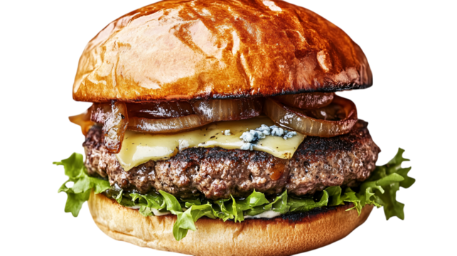 A gourmet burger with blue cheese and caramelized onions, isolated on transparent background --ar 16:9