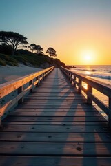 Obraz premium Serene Sunset Stroll Wooden boardwalk extending towards a breathtaking ocean sunset, casting long shadows on the planks, with silhouetted trees on the shore.