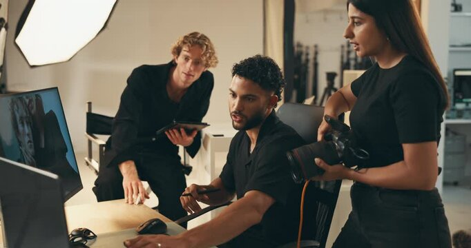 Photography, monitor and production with man in studio for talking, creative director and backstage process. Magazine media, photoshoot and catalog idea with team of people on set for project