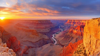 Fototapeta premium Stunning canyon landscape at sunset, vibrant colors reflecting off cliffs, serene atmosphere for nature appreciation.