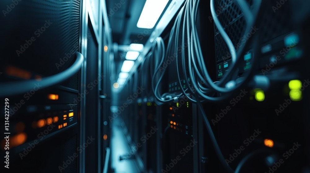 Aufkleber data center with servers and network cables, showcasing modern technology and data storage