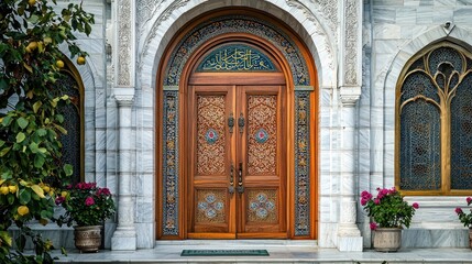 Obraz premium An ornate wooden door with Islamic patterns and Ramadan decorations.