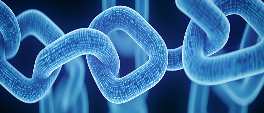 Abstract digital chain links glowing blue.