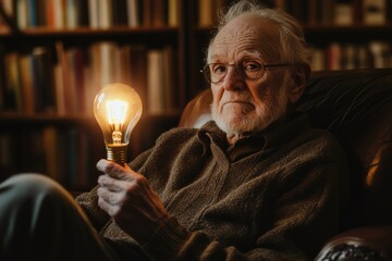 Elderly man holds a lit lightbulb, symbolizing wisdom, ideas, and illumination in a library setting.