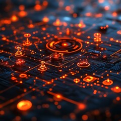 Abstract digital circuit board glowing orange.