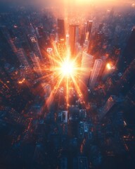 Obraz premium drone perspective of futuristic city at sunrise capturing morning activity