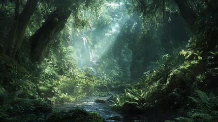 Obraz premium Lush rainforest scene with a tranquil stream, cascading waterfall, and sunlight filtering through the dense canopy. Ideal for adventure, nature, and travel themes.