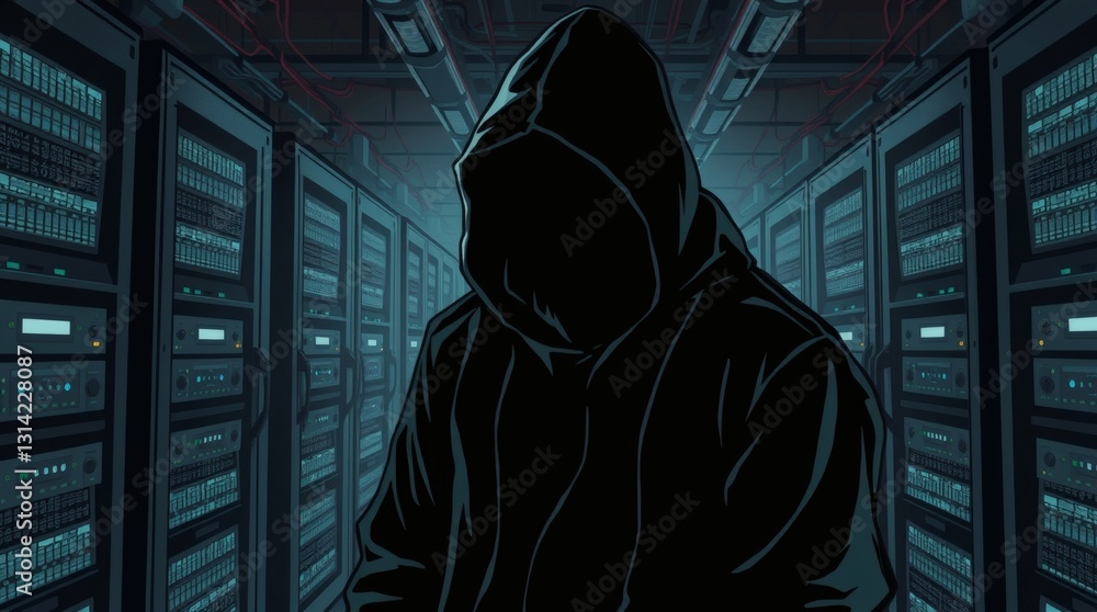 Poster mysterious figure in a dark hoodie standing amidst server racks in a data center. The image evokes a sense of secrecy and intrigue