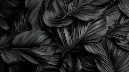 Dark Monochromatic Background Of Lush Layered Tropical Leaves With Intricate Vein Details Creates Dramatic Textured Wallpaper