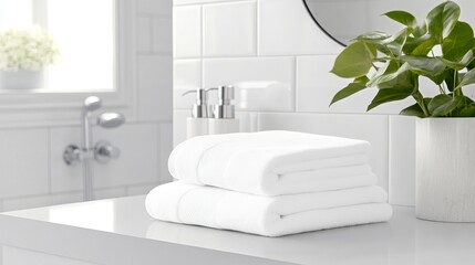 Fresh white towels neatly stacked on a bathroom counter beside a small plant and modern fixtures