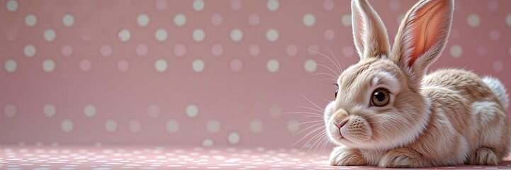 Obraz premium A charming rabbit rests peacefully on a soft surface adorned with polka dots. Its large, expressive eyes and fluffy fur add to its kawaii appeal, creating a serene atmosphere in the afternoon light
