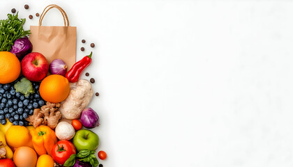 Grocery bag with vibrant fruits and vegetables on white background