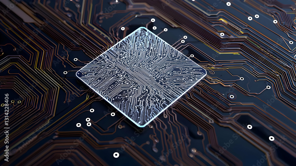 Poster close-up of a diamond-shaped computer microchip on a complex circuit board with gold and blue traces