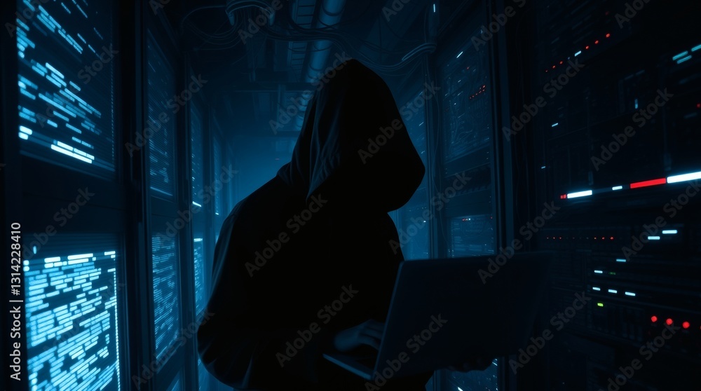 Poster a shadowy figure of a hacker working on a laptop in a server room, a computer virus attack or data breach
