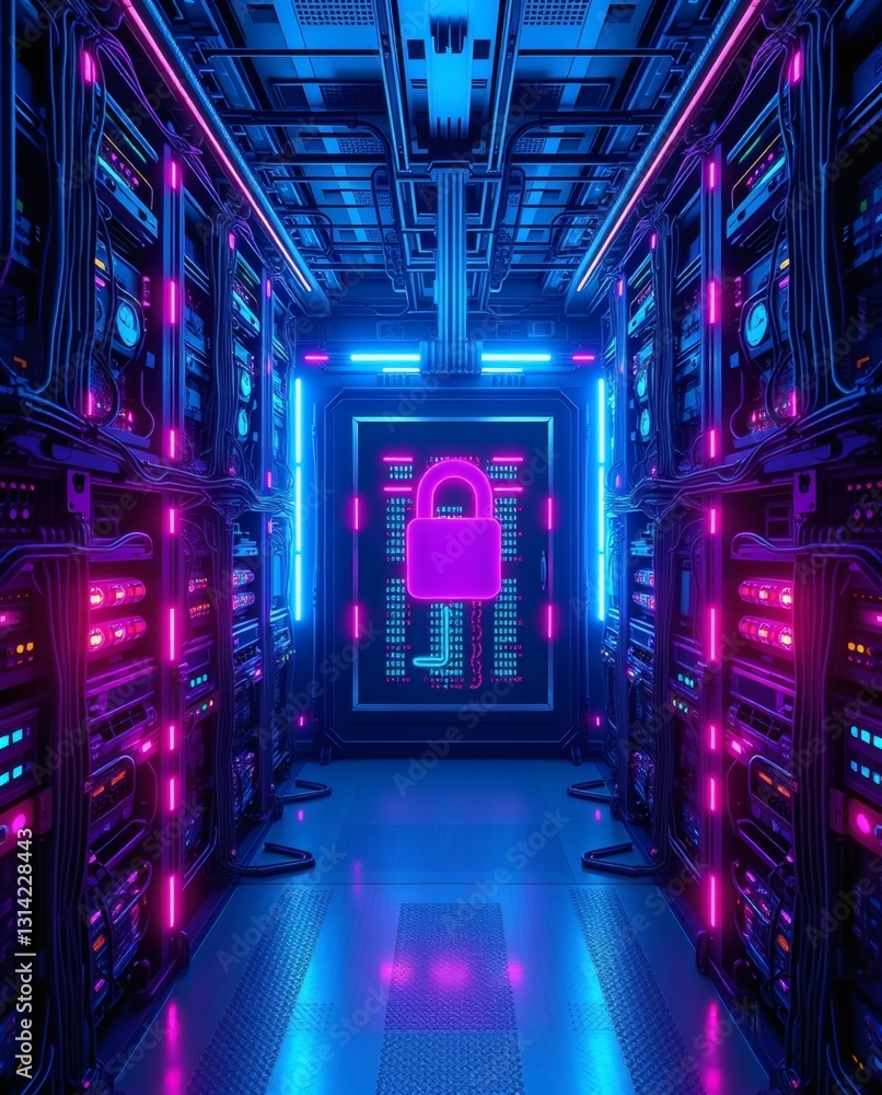 Poster a neon-lit server room with a padlock icon symbolizing data protection. rows of servers create a sense of technological advancement and security